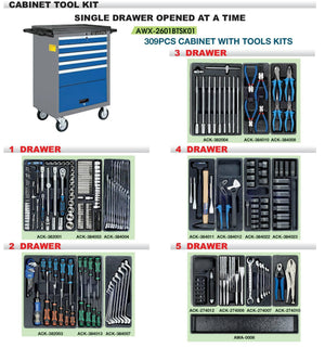 LICOTA MADE IN TAIWAN 309PCS CABINET WITH TOOLS KIT 5 DRAWER - Drill Pak