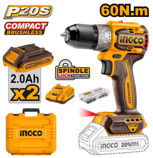 Ingco Compact Brushless Cordless Drill 20V CDLI20602 - Drill Pak