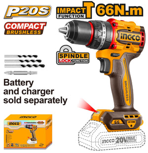 Ingco Compact Brushless Cordless Impact Drill 20V CIDLI206681 - Drill Pak