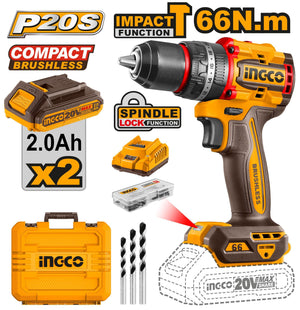 Ingco Compact Brushless Cordless Impact Drill 20V CIDLI20668 - Drill Pak