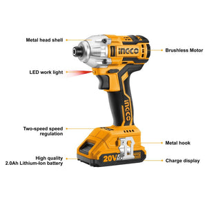 Ingco LIthium-Lon impact driver 20V Brushless Motor CIRLI20030 - Drill Pak